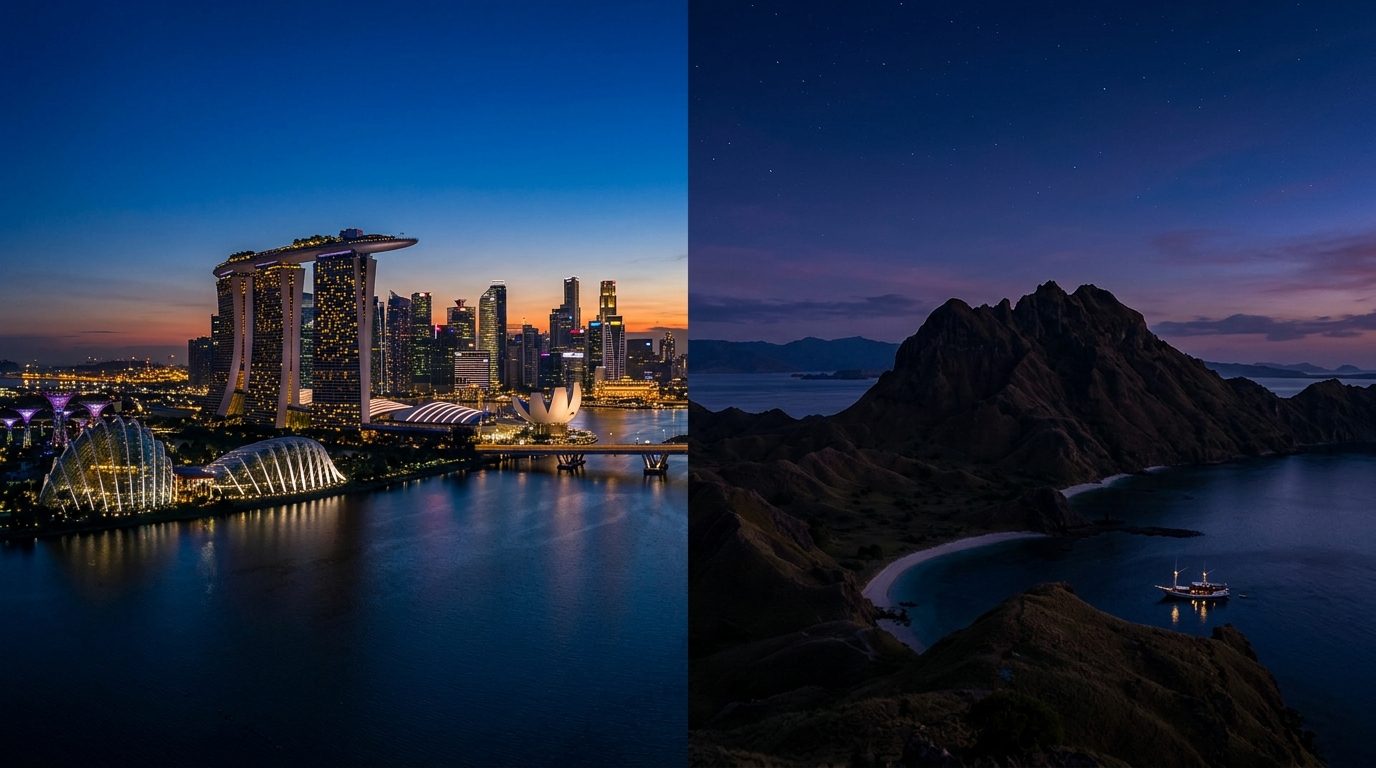 Singapore skyline and Indonesian islands